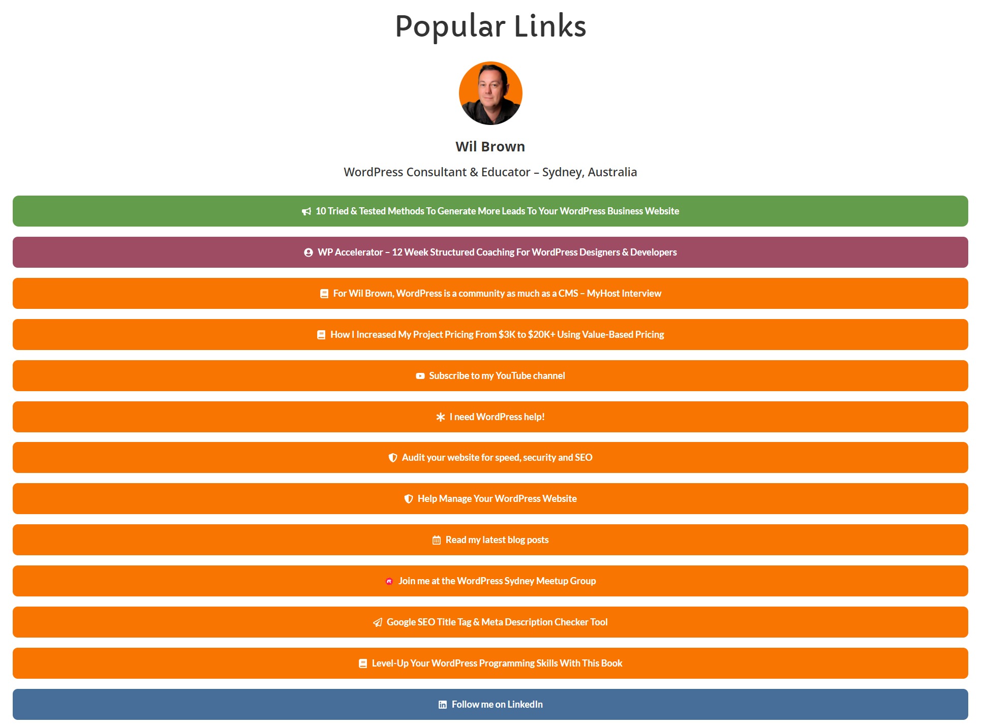 WilBrown.com Popular Links page desktop view