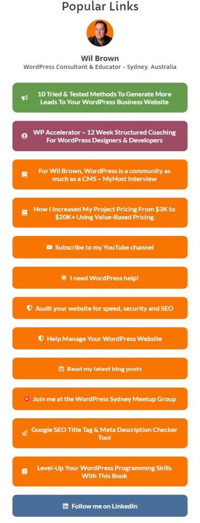 WilBrown.com Popular Links page mobile view