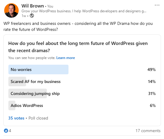 LinkedIn Poll - WP Drama and thouts on the future of WordPress